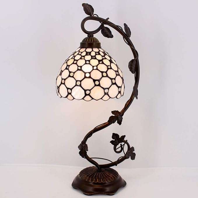 WERFACTORY Tiffany Table Lamp Cream Stained Glass Pearl Style Desk Light with Metal Leaf Base 8X10X21 Inches Decor Small Space Bedroom Home Office S005 Series