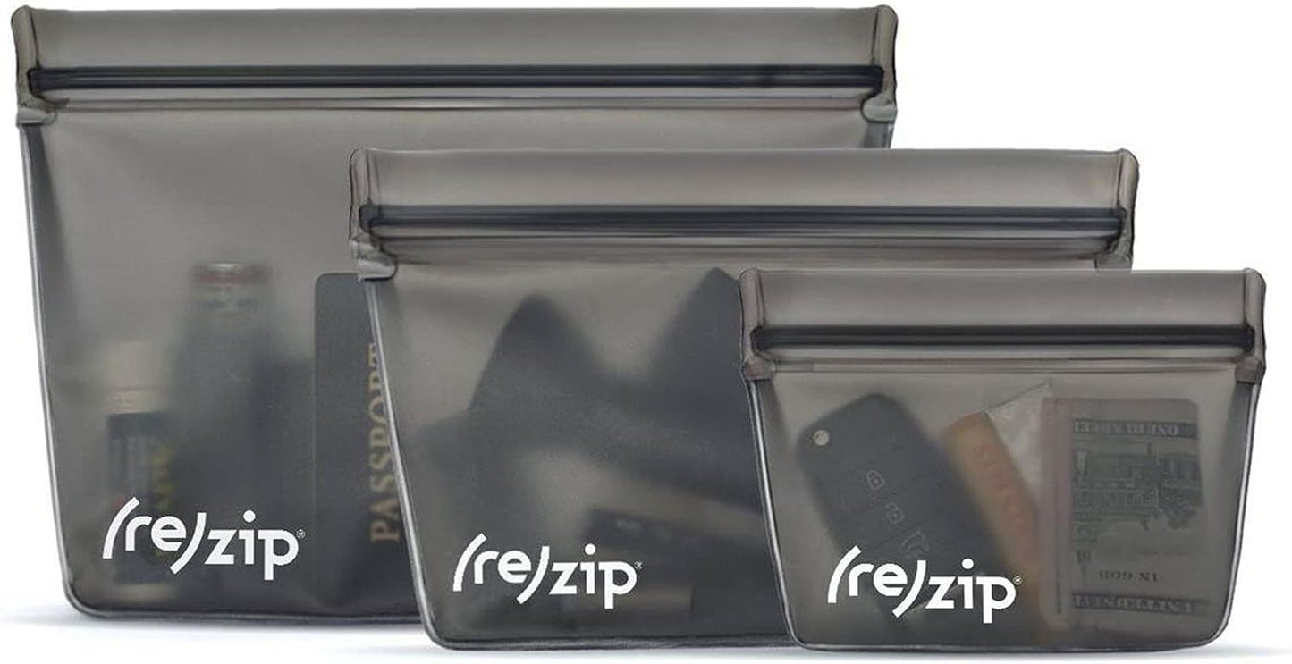 (re) zip 3-Piece Stand-Up Reusable Bag Kit | BPA-Free, Food Grade, Leakproof, Travel Friendly, Freezer and Dishwasher Safe | Quart (1), 2-Cup (1), Snack Size (1) | Solid Gray