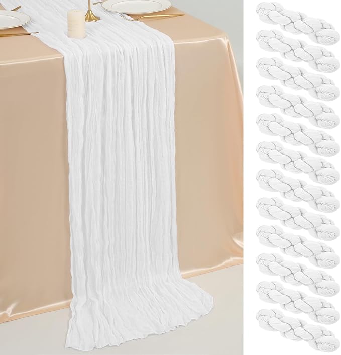 12 Pack 10Ft White Cheesecloth Table Runner 35 x 120 inch Boho Gauze Cheese Cloth Table Runner Vintage Rustic Sheer Runners for Wedding Bridal Shower Birthday Party Cake Table Decorations