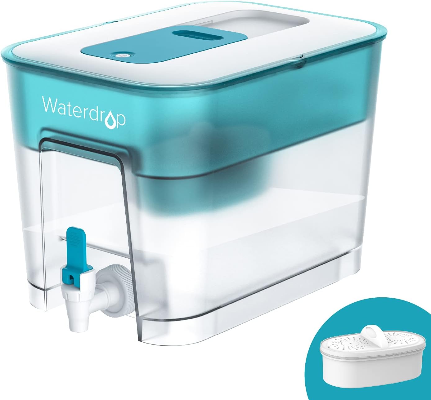 Waterdrop 200-Gallon Long-Life 40-Cup Large Water Filter Dispenser with 1 Filter, Healthy Gift for Home and Office, 5X Times Lifetime, Reduces Chlorine, PFOA/PFOS and More, BPA Free, Turquoise
