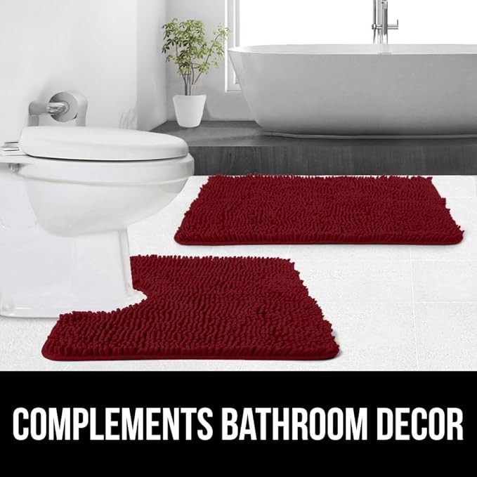 GORILLA GRIP Plush Absorbent Shaggy Chenille Bath Rug Mat for Oval Toilet Base with Rubber Backing, Machine Washable Rugs, Soft Microfiber Contour Mats for Toilets, Bathroom Decor, Burgundy