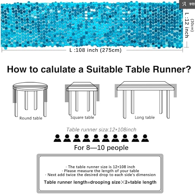 12 x 108 Inch Turquoise Sequin Table Runner Glitter Rectangle Big Sequin Table Runner for Wedding Party Birthday Christmas Halloween Decoration (1 Pack)
