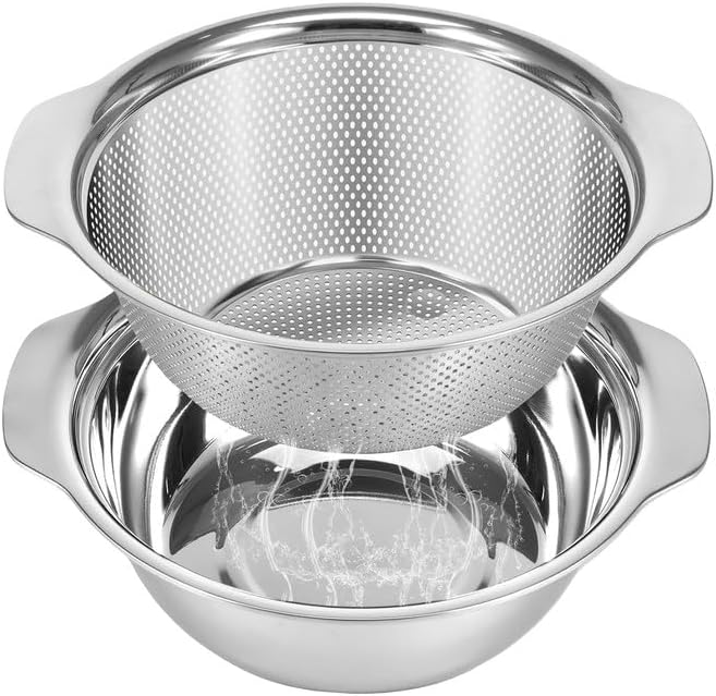 Stainless Steel Microporous Colander for Kitchen, 4.5QT Large Capacity, Colander and Bowl Set of Two, Stainless Steel Drain Basket with Mixing Bowl, for Washing Fruits and Vegetables (11×10.6inch)