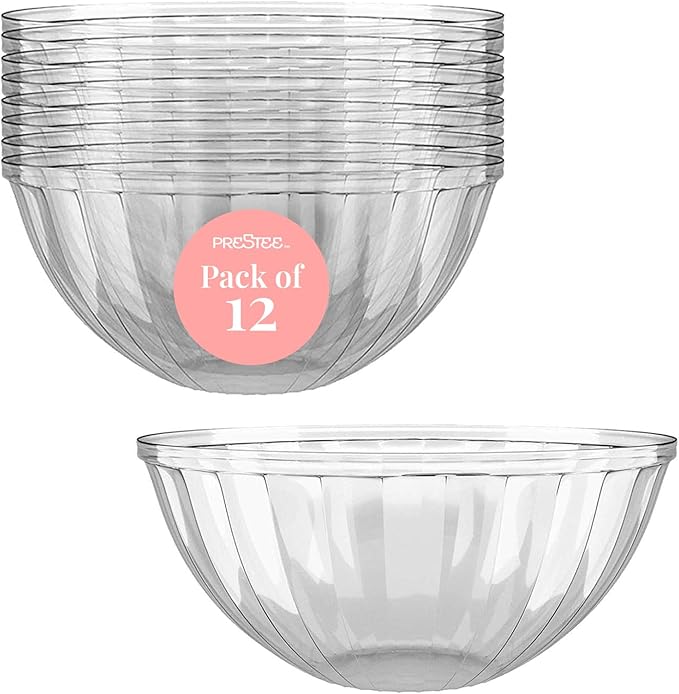 Prestee 12 Pack Clear Plastic Serving Bowls - 48 Oz Round Reusable and Disposable Bowls for Parties and Events - Sturdy and Durable Plastic Bowl for Serving Food, Salads, Snacks, Chips, and Candies