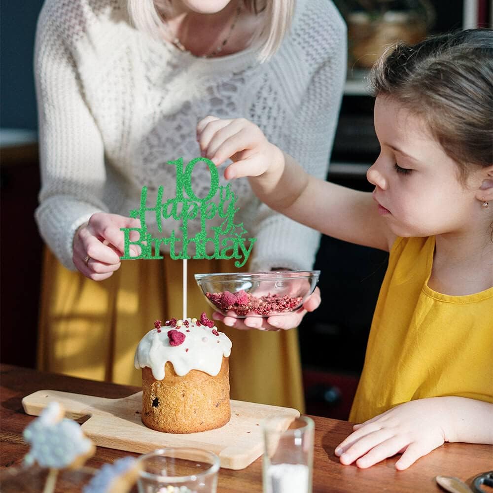 Glittery 10th Happy Birthday Cake Topper with Star,Personalised 10 Birthday Cake Toppers Party Decorations Party Supplies for Boys Girls Green Gold