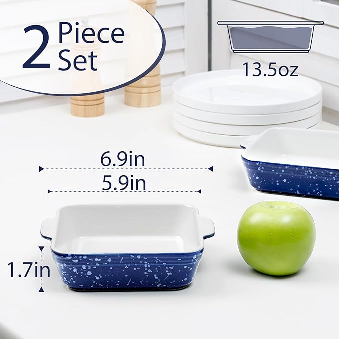 NUTRIUPS 13oz 5.9x5.9in Square Ceramic Baking Dish Set, 2-Pack Small Oven-Safe Baking Pan for Lasagna, Casserole - Bakeware for Baking & Serving (Blue)
