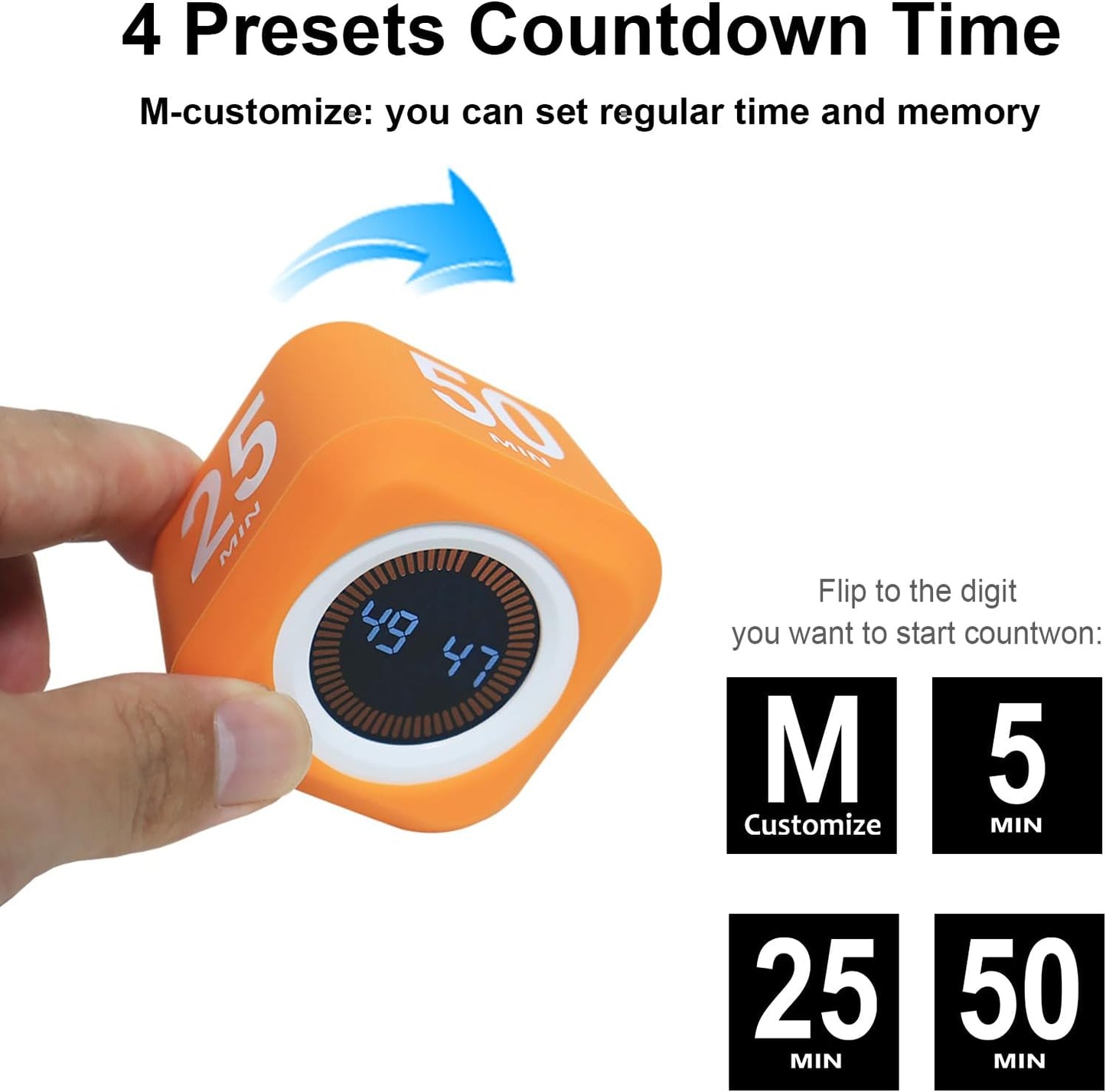 Rotating Cube Visual Timer 5, 25, 10 50 Minutes Preset + Custom Countdown, Rechargeable Desk Productivity Flip Timer with Detachable Silicone Cover for ADHD Study Work Kitchen School (Black)