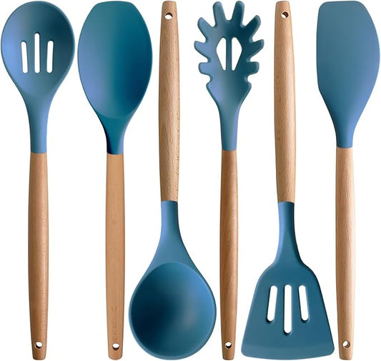Silicone Cooking Utensils Set 6Pcs Heat Resistant Silicone Kitchen Utensils Set for Cooking Spatula Spoon Turner Ladle w Wooden Handle, BPA FREE Kitchen Gadgets for Nonstick Cookware & Baking