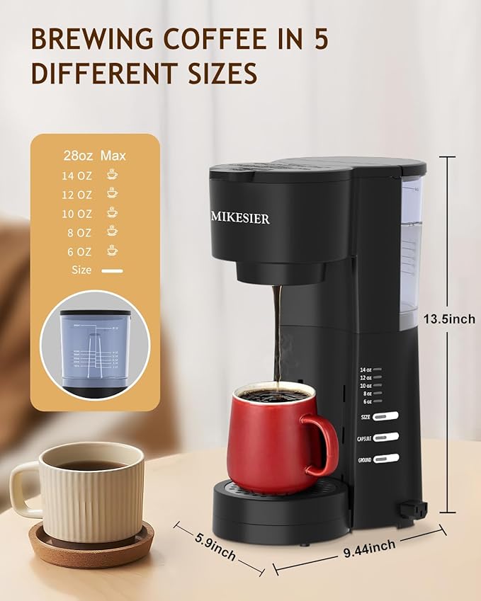 3IN1 Single Serve Coffee Maker with Milk Frother, Small Coffee Machine for K Cup & Ground, 6-14oz Brew Size, 28oz Water Tank, Adjustable Drip Tray