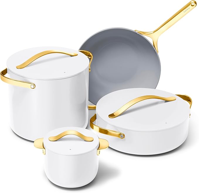 Caraway Cookware+ Collection - Specialty Cookware Set - Petite Cooker, Stir Fry Pan, Rondeau, & Stock Pot - 3 Lids & Storage Organizer Included - White