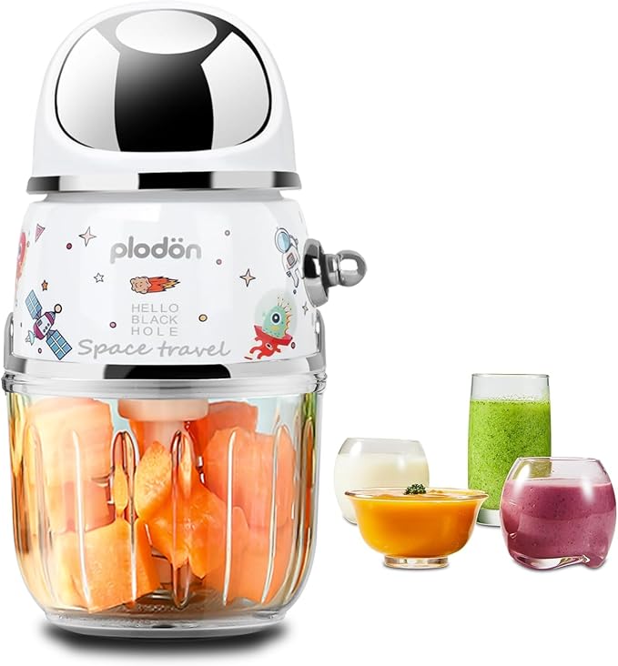 Baby Food Maker Mini Cute and Small Food Processor Puree Blender Grinder Chopper 1.2 Cup Glass Bowl with 6 Blade Electric (Spaceman-White(One Bowl))