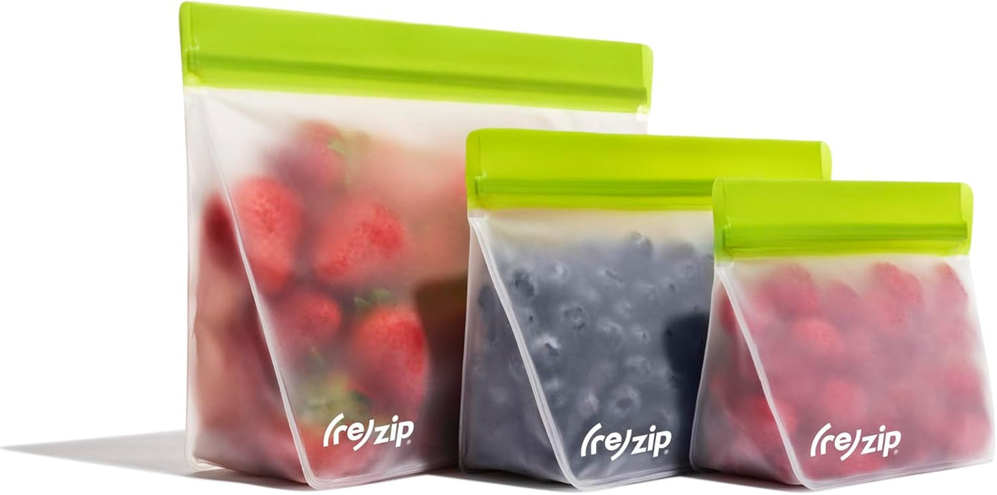 (re) zip 3-Piece Stand-Up Reusable Bag Kit | BPA-Free, Food Grade, Leakproof, Freezer and Dishwasher Safe | Quart (1), 2-Cup (1), Snack (1) | Green