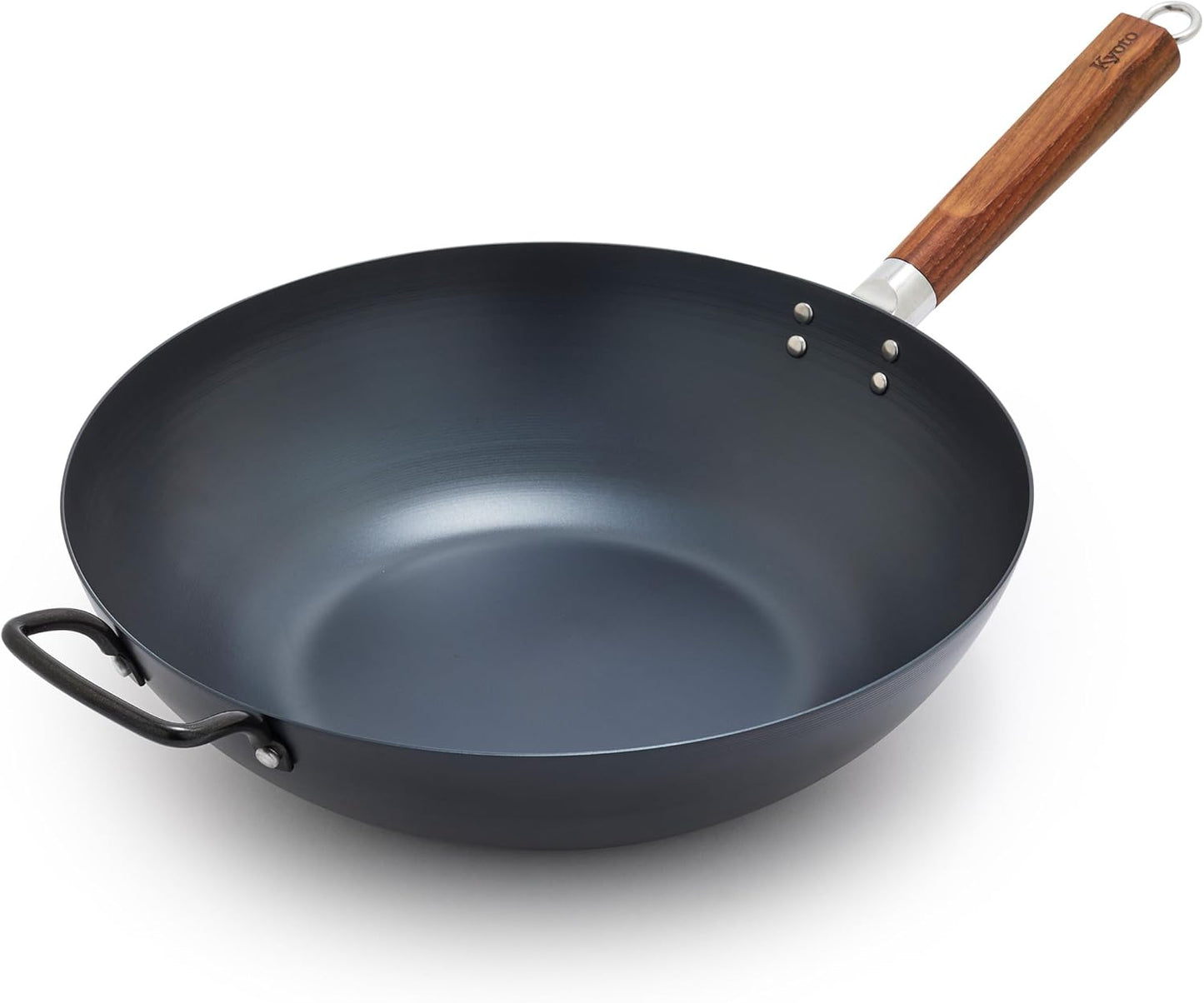 GreenPan Carbon Steel Wok 14”, Flat Bottom, Durable Stir-Fry Pan, Pre-Seasoned Nonstick Patina, High Heat Retention, Induction, Ash Wood Handle, Kyoto, Black