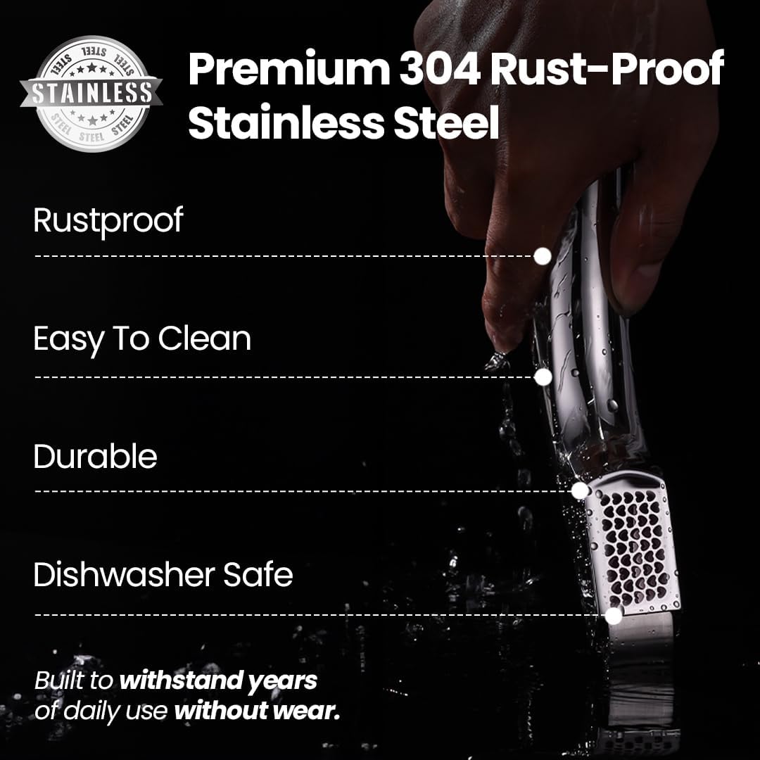 No Peeling Required Garlic Press Stainless Steel with Two Detachable Handles for Coarse&Fine Mincing-Premium Garlic Mincer Tool, Easy to Clean, Dishwasher Safe Garlic Crusher with Lifetime Replacement