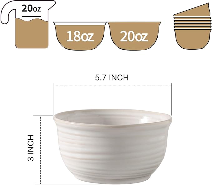 Soup Bowls, 20 Ounce Deep Ceramic Cereal Bowls for Kitchen Home, Serving Bowls Set of 6 Perfect for Oatmeal Rice Pasta Salad Dessert Breakfast, Microwave & Dishwasher Safe Durable, White