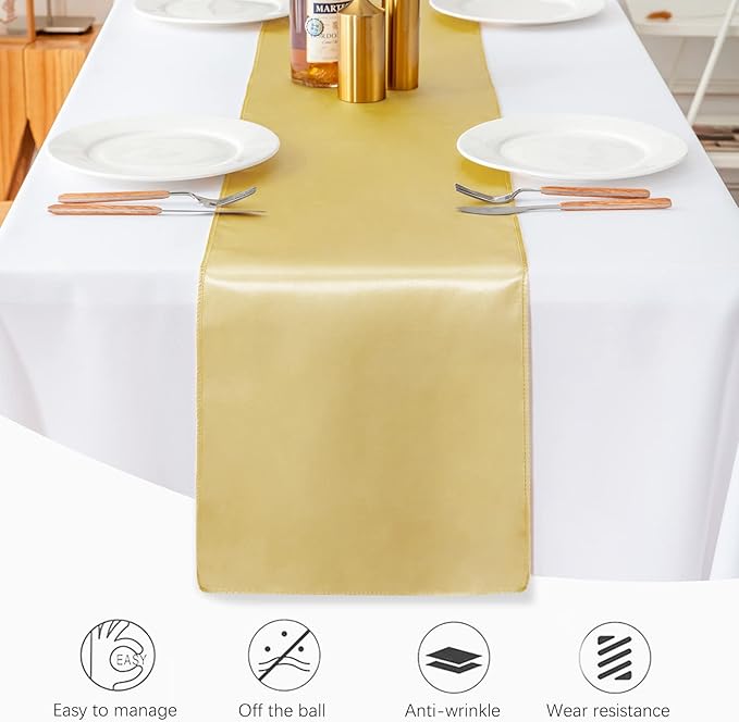 10 Pack Satin Table Runner 12 X 108 Inch Silk Table Runner for Party,Wedding, Birthday, Banquets,Decoration(Light Gold)