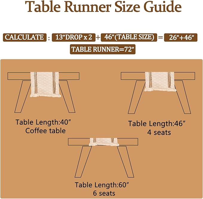 Niviy Boho Table Runners 120 Inches Long Farmhouse Macrame Table Runner Cotton Linen Woven Table Runners for Spring Dining Table Home Decor, Beige & Brown