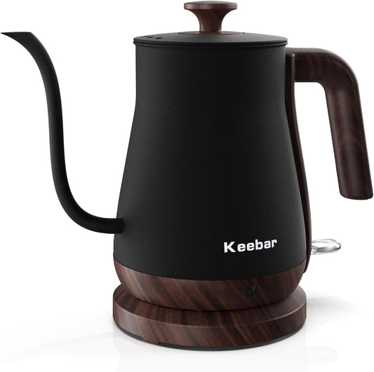 Gooseneck Electric Kettle - Stainless Steel Pour Over with Auto Shut Off, 0.8L Capacity, 1000W Quick Heating, Design with Elegant Handle, Matte Black with Walnut, Manual, (XH-W081-BW)