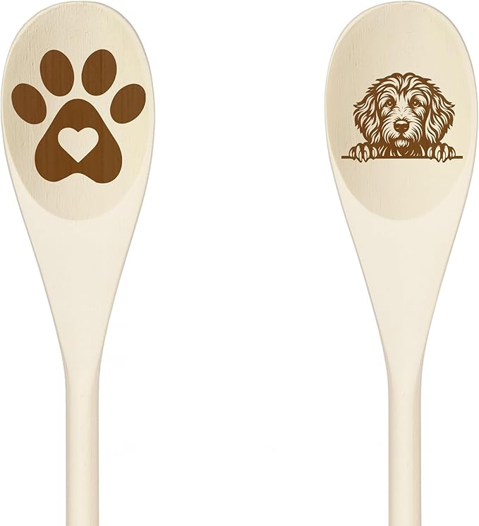 Decorative Wooden Spoons with Peeking Dog Designs, Paw Print and Dog Head, Kitchen Utensils Set of 2 (GOLDEN DOODLE)