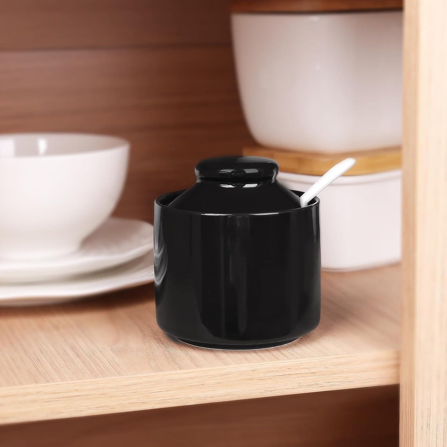 HAOTOP 8 oz Sugar Bowl with Lid and Spoon,Ceramic Sugar Jar Sugar Dispenser Sugar Container Coffee Bar Accessories, Kitchen Countertop Canisters (Black)