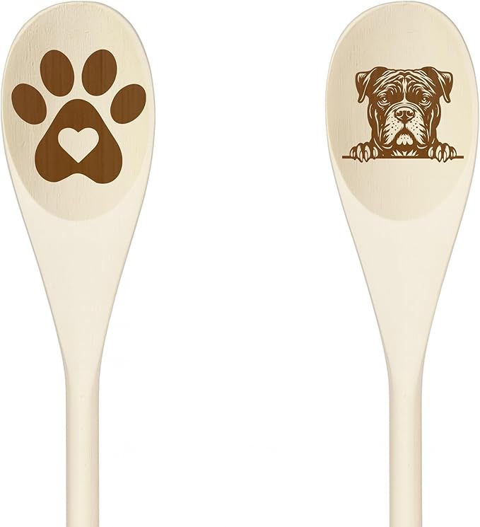 Decorative Wooden Spoons with Peeking Dog Designs, Paw Print and Dog Head, Kitchen Utensils Set of 2 (XL AMERICAN BULLY)