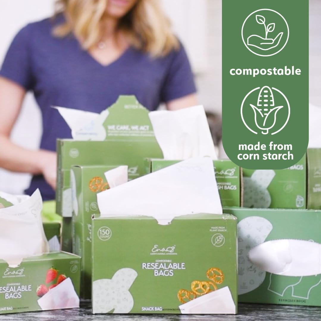 100% Compostable Food Storage Bags [Sandwich 150 Pack] Eco-Friendly Freezer Bags, Resealable Bags, Heavy-Duty, Reusable, by Earth's Natural Alternative, off white