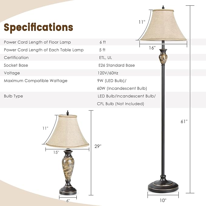 Tangkula Table and Floor Lamp Set, 3-Piece Traditional Style Lamp Set with Linen Fabric Lamp Shades and Weighted Bases for Living Room, Bedroom, 29” and 61” (H)