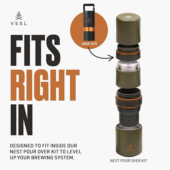 VSSL Java G25 Manual Coffee Grinder | Coffee for Camping | Bean Grinder | Travel Pour Over | Stainless Steel Conical Burr | ~ 25 Gram Capacity | Extendable Grind Handle | 50 Grind Settings | Carbon
