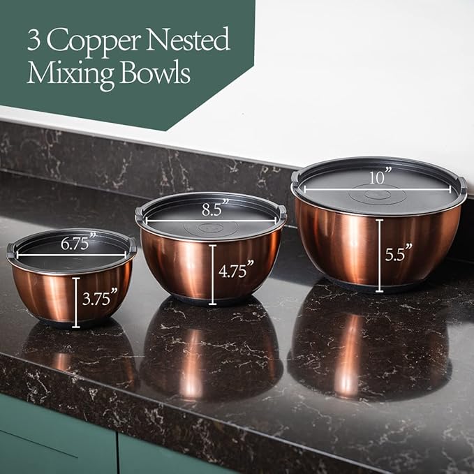 Samma Copper Mixing Bowls Set with Stainless Steel Body with Black Silicone Bottom Mixing Bowl- Versatile Kitchen Mixing Bowls- 3 Piece with Lids