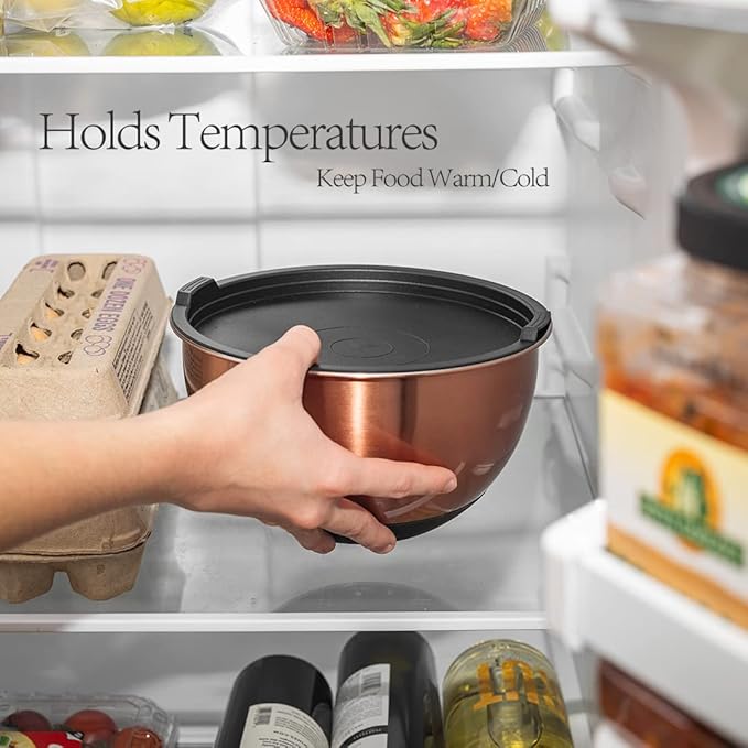 Samma Copper Mixing Bowls Set with Stainless Steel Body with Black Silicone Bottom Mixing Bowl- Versatile Kitchen Mixing Bowls- 3 Piece with Lids