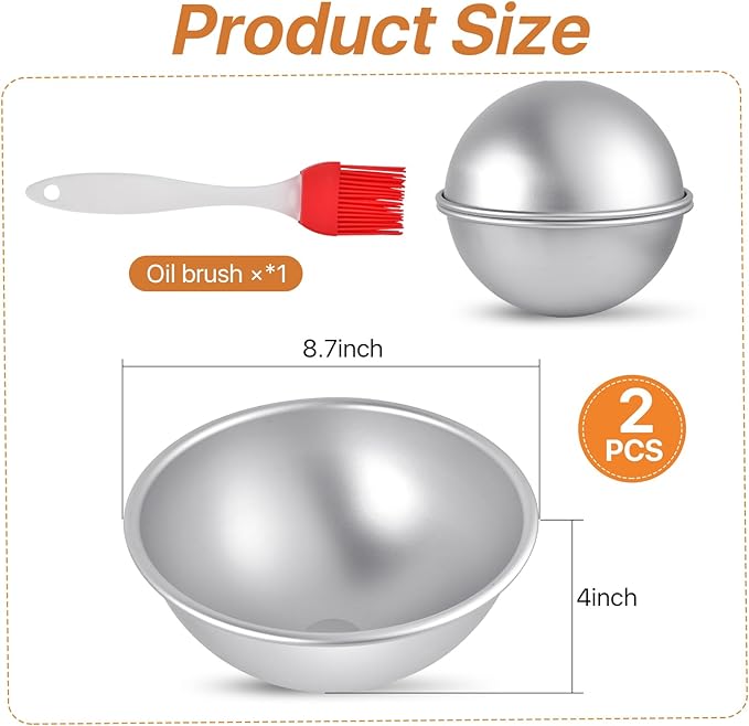 2Pcs Aluminum Hemisphere Pan, 8 Inch Sphere Half Ball Cake Pan, Nonstick 3D Round Shape Cake Molds for Baking, Football Dome Cake Pan for Birthday Wedding Anniversary DIY Bakeware Tools