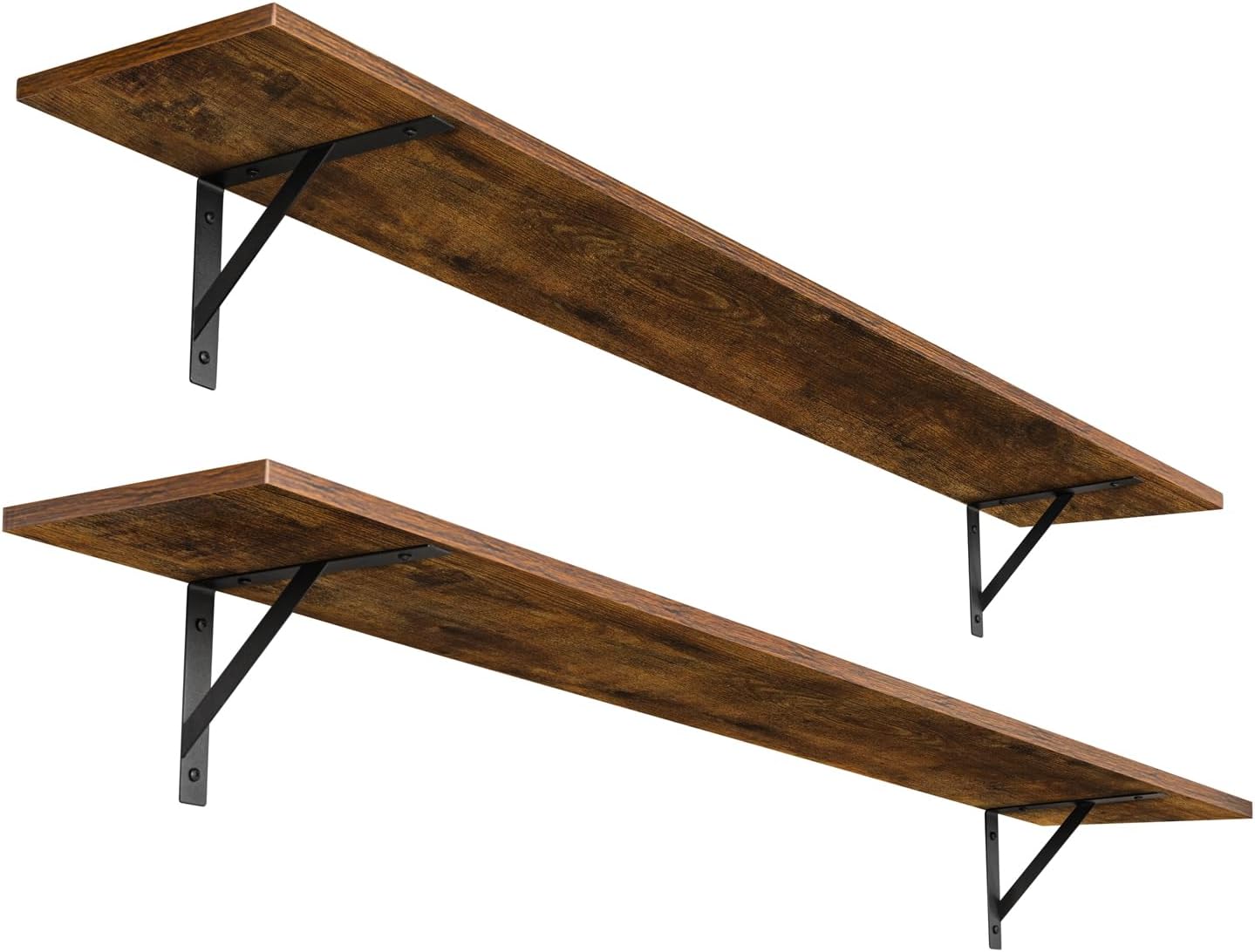 DINZI LVJ Long Wall Shelves, 55.1Inch Wall Mounted Shelves Set of 2, Extra Large Floating Storage Ledges with Sturdy Metal Brackets for Living Room, Bathroom, Bedroom, Kitchen, Rustic Brown