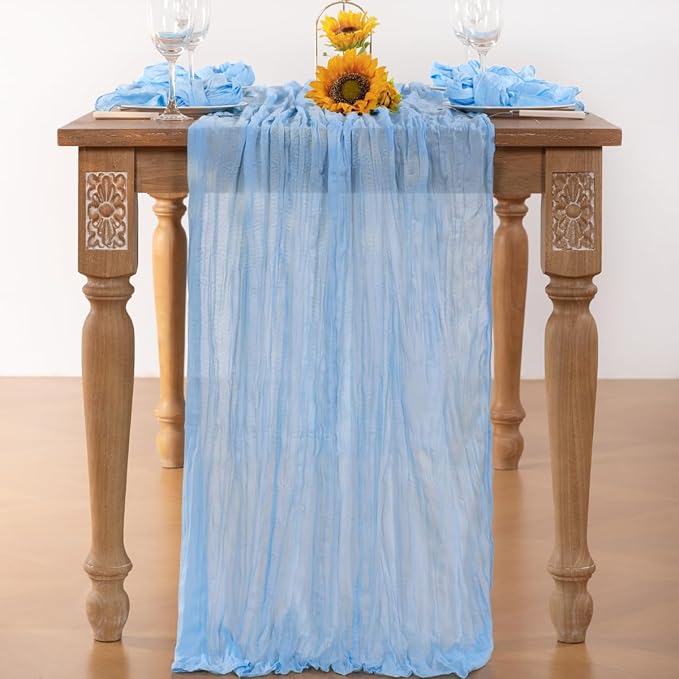 Baby Blue Cheesecloth Table Runner 12 Pack Christmas Table Runners Boho Gauze 120 Inches Light Blue Table Decor for Xmas Holiday Season Parties Wedding Bridal Baby Boy Shower Birthday