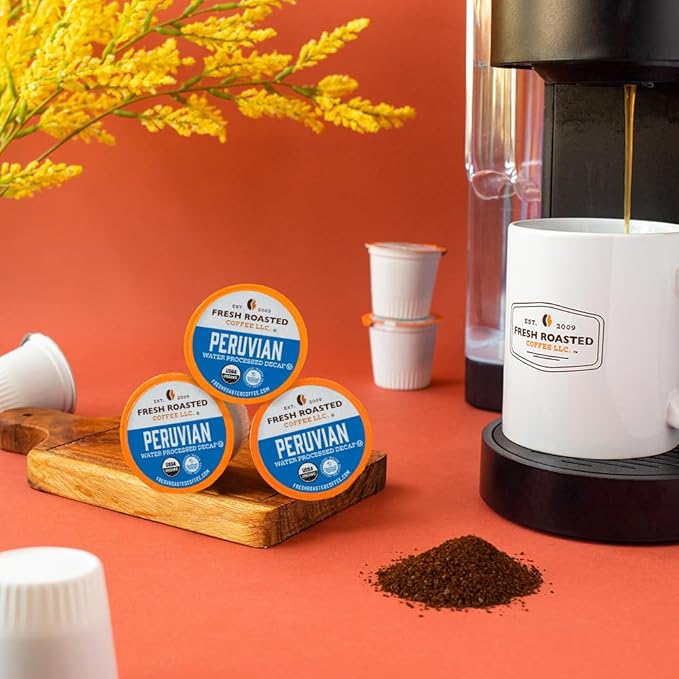 Fresh Roasted Coffee, USDA Organic Peru Water-Processed Decaf | 3rd Party Tested for Pesticides, Mold, Mycotoxins, Kosher | 100% Arabica, Specialty Grade, Med Roast 24 Pods for K Cup Brewers