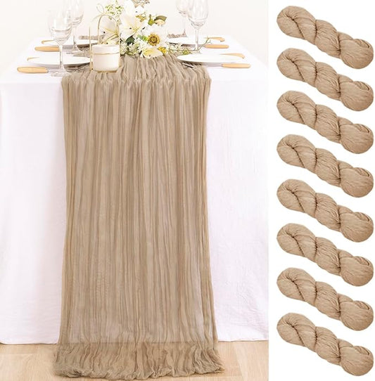 MLMC 8 Pack Nude Cheesecloth Table Runner Boho Rustic Gauze Taupe Cheese Cloth Table Runner 10ft Neutral Home Winter Decor 35x120 Inches for Reception Wedding Bridal Shower Picnic Decor