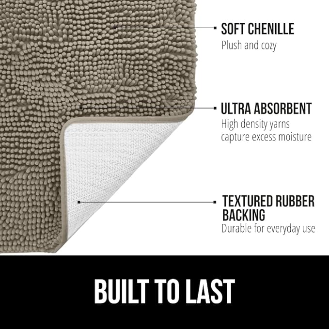 GORILLA GRIP Bath Rug Mat, Thick Soft Absorbent Chenille, Quick Dry Microfiber Mats, Rubber Backing Washable Shower Floor Rugs, US Designed Bathroom Bathmat Home Decor Accessories, 24x17, Latte