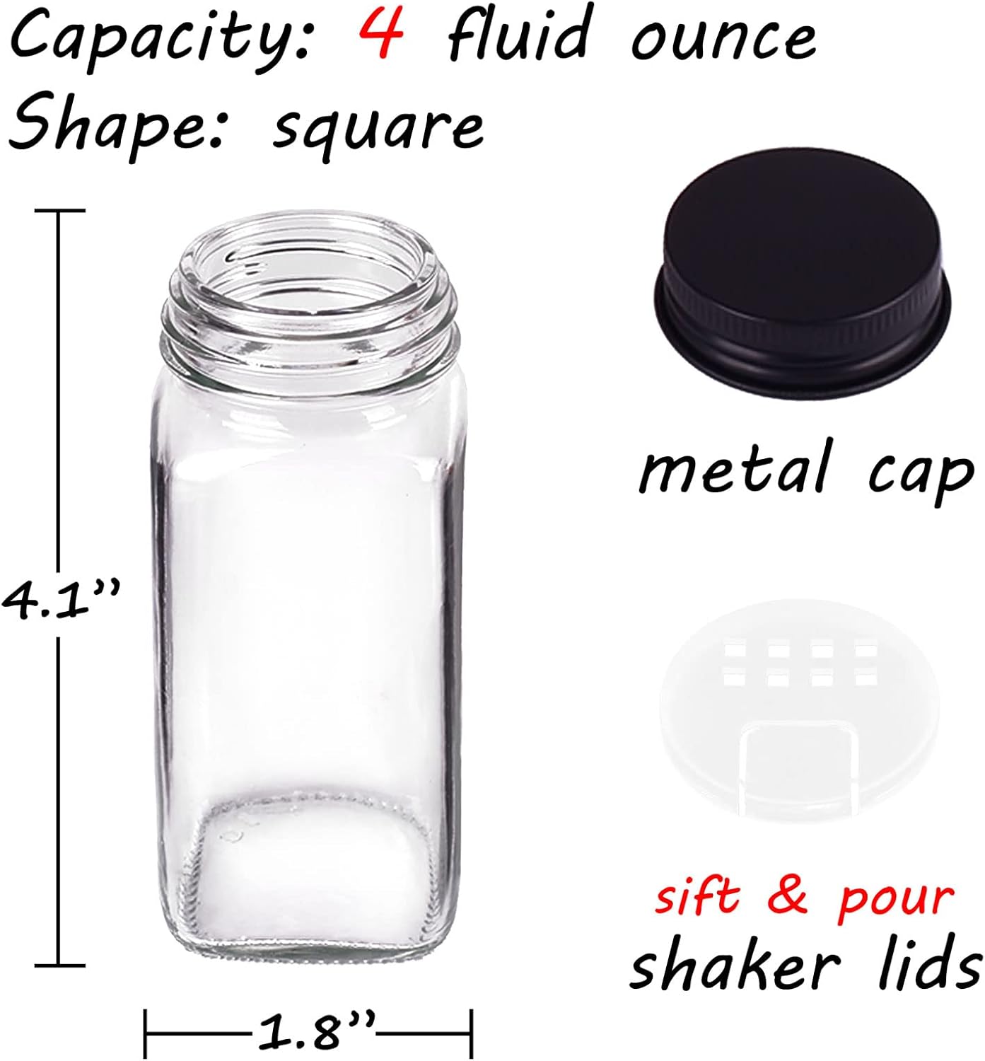 Churboro 36 Spice Jars with 547 Labels- Glass Spice Jars with Black Metal Caps, 4oz Empty Spice Containers with Shaker Lids, Funnel, Chalk Pen, Square Seasoning Bottles for Spice Rack, Drawer, Cabinet