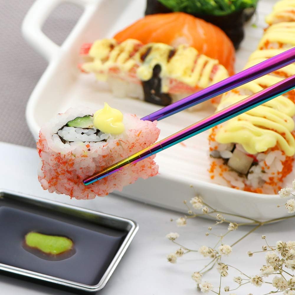 Stainless Steel Chopsticks Reusable Multicolor Lightweight 304 Metal Chopsticks Dishwasher Safe - 5 Pairs (Multi)