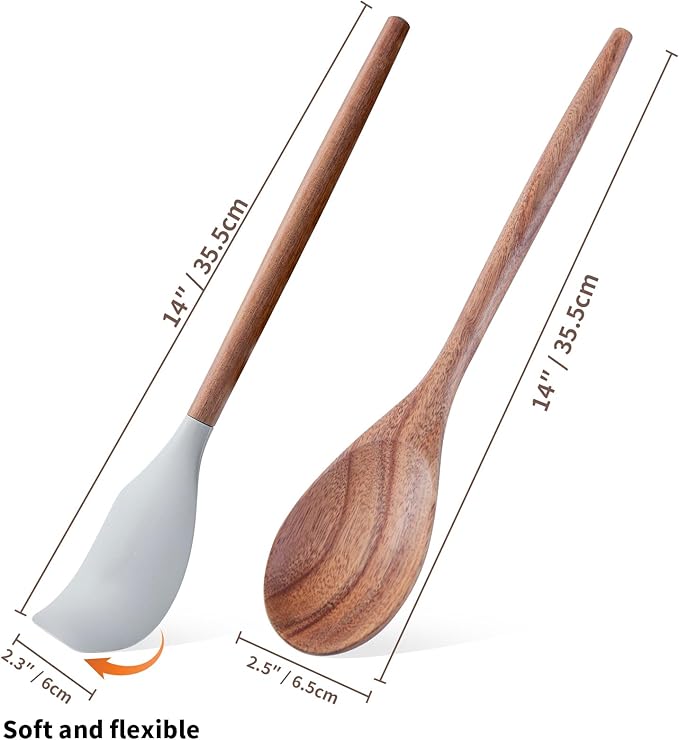 Wooden Spoons Cooking 1pcs Wooden Spoons For Cooking and 1pcs Silicone Spatula Acacia Cooking Spoon Wooden Non-Stick Wood Utensil Silicone Scraper Spatula, Kitchen Utensils Cooking Spoon for Serving