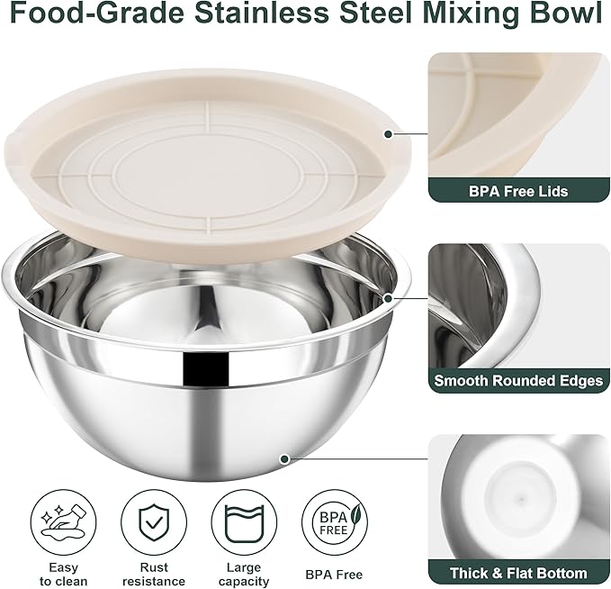 5 Piece Stainless Steel Mixing Bowls with Lids Set - Khaki Nesting Metal Mixing Bowls for Kitchen, Sizes 4.5, 4, 3.5, 2.1, 1.5 Qt for Baking, Cooking and Serving, Dishwasher Safe
