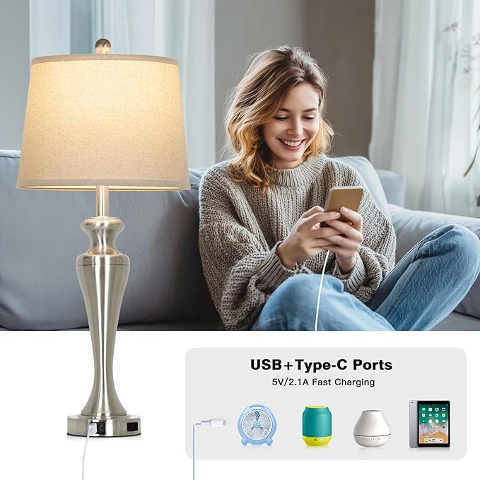30" Silver Table Lamps Set of 2, 3-Way Dimmable Touch Bedside Lamp with USB A+C Ports and AC Outlet, Tall Living Room Lamps for Side Table, Modern Brushed Nickel Bedroom Lamp for Nightstand