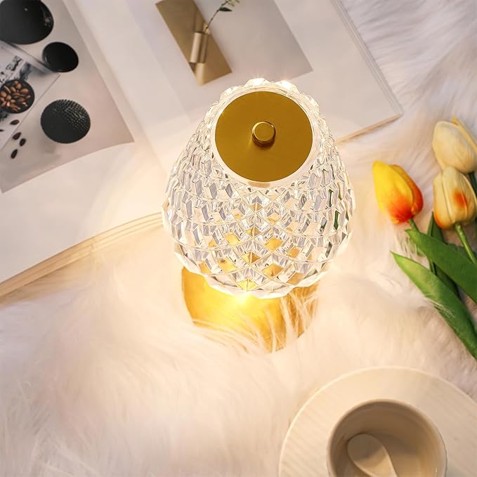 Liliful 4 Pcs Cordless Table Lamp Rechargeable Touch LED Small Gold Portable Battery Operated USB-c Desk Lamp 3 Color Dimmable for Bedroom Living Room Dining (Gold,Diamond Style)