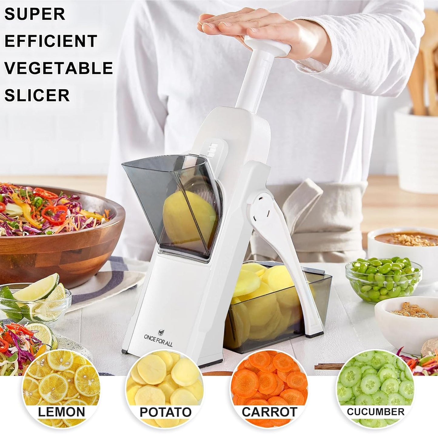 ONCE FOR ALL Safe Vegetable Slicer For Kitchen, Professional Mandoline Slicer For Food Potato Slices, Thickness Adjustable 0.1-8 mm Kitchen Artifact Fast Meal Prep (White)