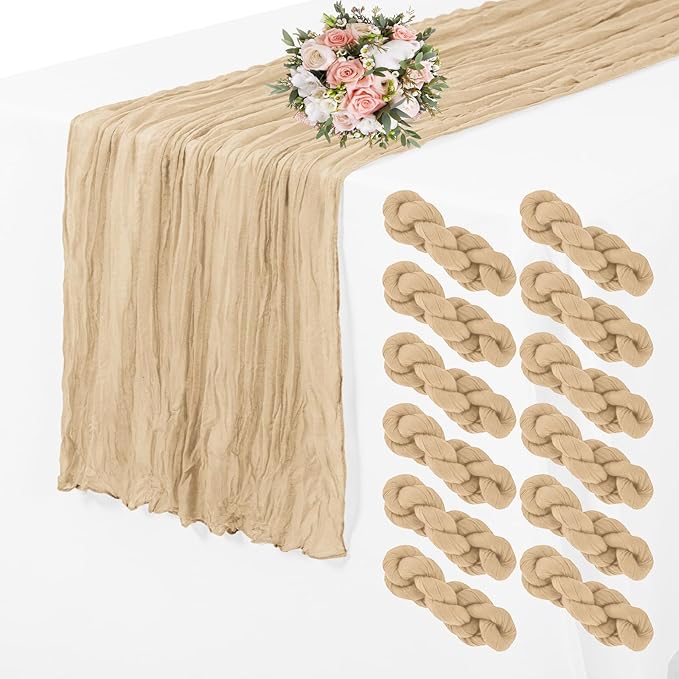 12 Pack Cheesecloth Table Runner 35 x 70 inch Long Boho Cheese Cloth Gauze Table Runners Semi Sheer Table Runner for Wedding Decor, Bridal Shower, Birthday Party (Beige)