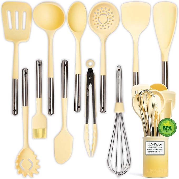 Larder & Vine 12-Piece Silicone Kitchen Cooking Utensils Set with Stainless Steel Handle and Ceramic Holder, Dishwasher Safe Set of Kitchen Essentials (Limoncello)