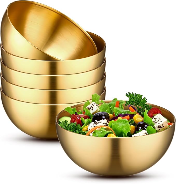 Nuogo 6 Pcs Stainless Steel Gold Mixing Bowls Christmas Gold Esthetician Bowls for Christmas First Holy Communion Wedding Party Facial Cereal Rice Noddle Fruit Cooking Baking Serving
