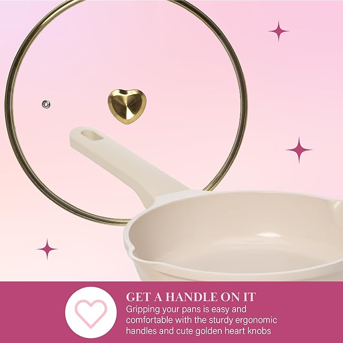 Paris Hilton Ceramic Nonstick Cookware Set, Cast Aluminum with Dual Layer Nonstick Coating, Gold Heart Knobs, Stay-Cool Handles, Made without PFAS, PFOA, PFOS & PTFE, Dishwasher Safe, 10-Piece, Cream