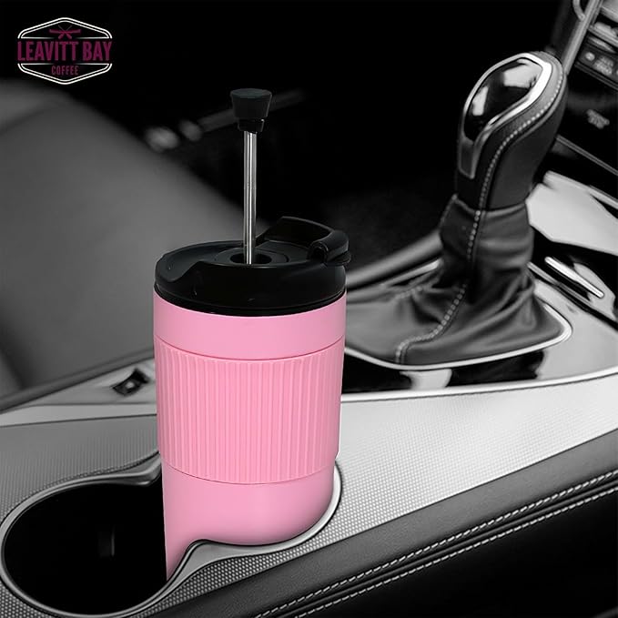 Portable French Press Travel Mug – Insulated Stainless Steel French Press Mug for Hot or Cold Brew – Durable Travel Coffee Maker – On-the-Go Tea & Coffee Maker (Pink)