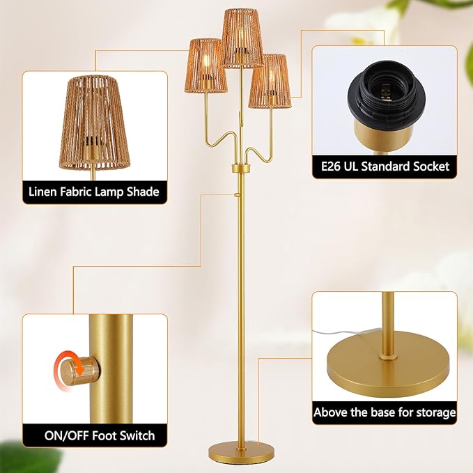 9MMML Gold Farmhouse Boho Dimmable Floor Lamp with Rattan Shade, 68'' Tall Floor Standing Lamp, 3-Light Floor Lamp for Living Room, Bedroom, Office, Corner