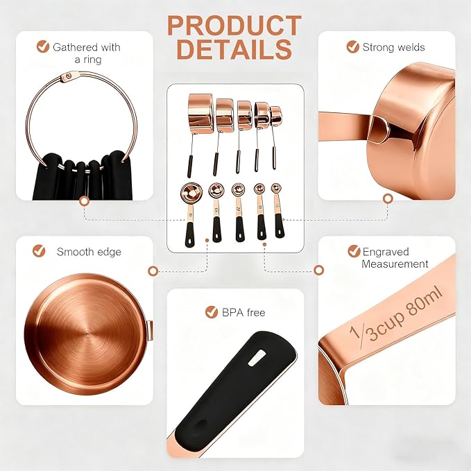 Measuring Cups and Spoons Set, Rose Gold Plated Stainless Steel 10 Piece for Cooking and Baking (5 Cups + 5 Spoons RoseGold)